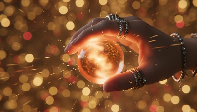 Mysterious glowing orb held in a woman's hand, surrounded by bokeh lights, symbolizing magic and destiny.