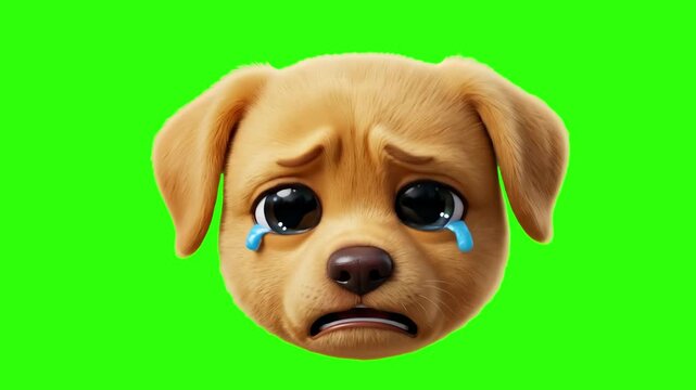 Close-up of a cute 3D cartoon puppy head crying tears with big sad eyes on a bright green screen keying background. Ideal for emotional storytelling, pet care promos, sad social media reaction sticker