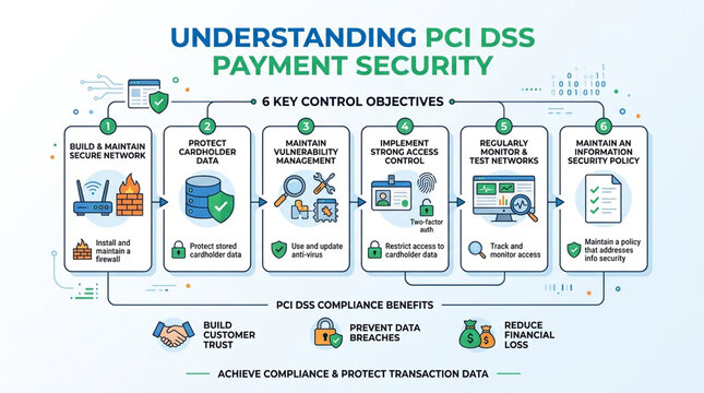 Understanding PCI DSS Payment Security Infographic with 6 Key Control Objectives and Compliance Benefits