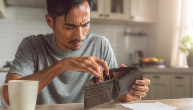 Close-up of a person checking an empty wallet at a kitchen table.