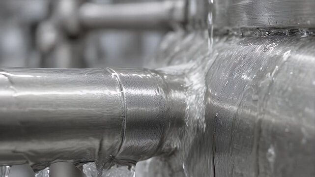 Cinematic macro view showcasing stainless steel pipe industry with pouring water background sustainable cooling system clean metallic texture dynamic water flow foam detail smooth metal texture