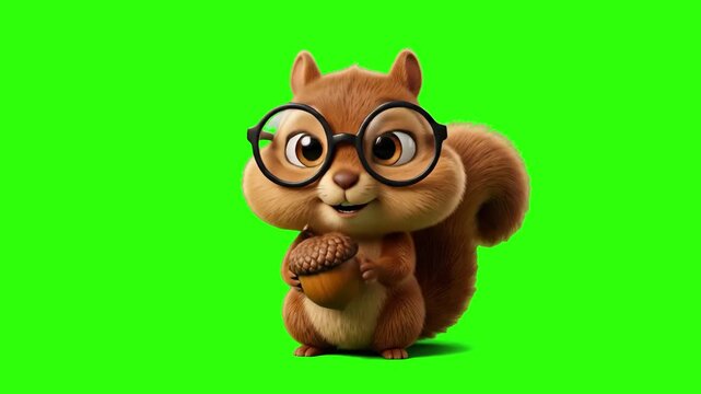 Adorable 3D cartoon squirrel wearing black round glasses and holding a small brown acorn on a solid green screen backdrop. Ideal for educational children's content, forest animal animations, school pr