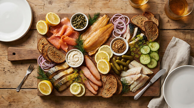 Artisanal smoked seafood board with salmon, trout, and mackerel. Premium 
fish. Perfect for seafood restaurants and gourmet entertaining brands.