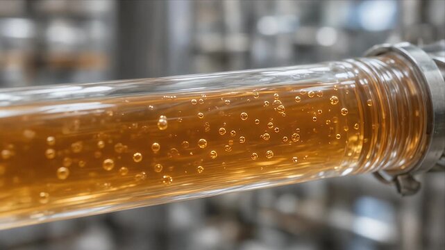 Cinematic sustainable industry macro background of orange juice beverage drink liquid bubble closeup carbonated detail inside transparent pipe tube and glass pipeline for modern beverage production