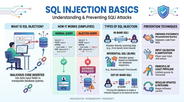 SQL Injection Basics Infographic for Cybersecurity Education and Database Security