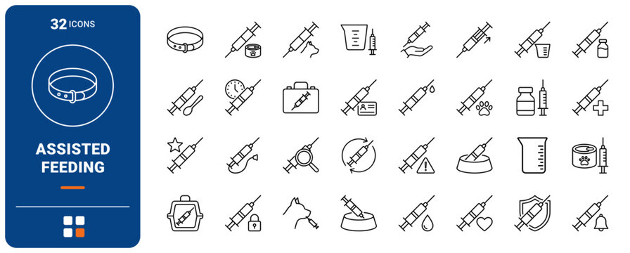 Syringe Feeding Pet Web Icon Set in Linear Style. Collection of Assisted Feeding line icons, including sick pet care, liquid nutrition, medicine dosage, oral syringe, veterinary care.