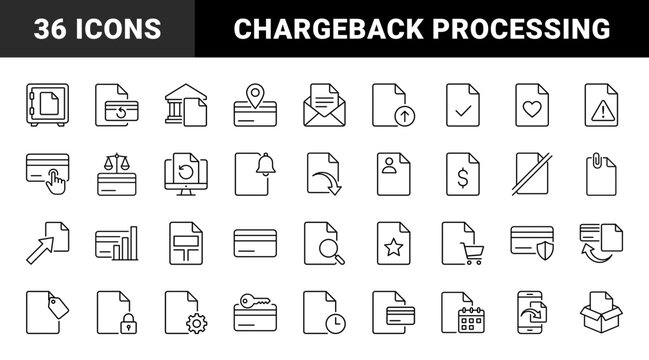 Chargeback Form Payment Reversing Web Icon Set in Linear Style. Collection of Dispute Settlement line icons, including chargeback document, reversed payment, dispute file, refund request, card claim
