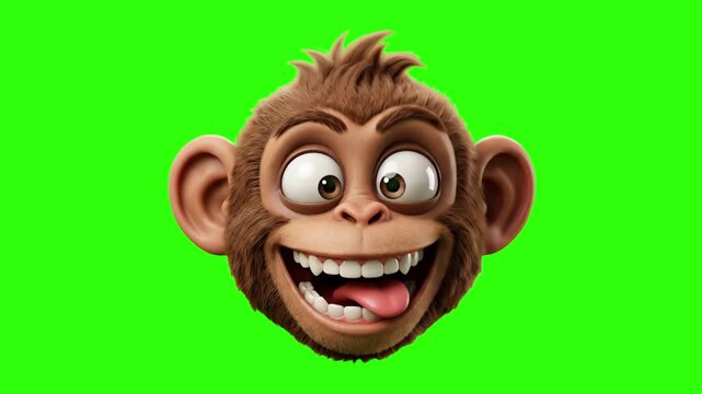 Expressive 3D cartoon monkey head making a goofy face with wide eyes, open smile, and sticking out tongue on a bright green screen background. Perfect for comedy videos, kids channel promos, social me