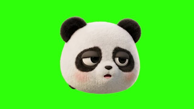 A soft fluffy 3D render of a panda bear head with rosy cheeks and a funny bored or tired sleepy expression, isolated against a solid chroma key green backdrop. Great for funny meme edits, social media