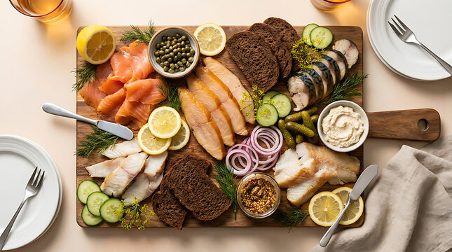 Artisanal smoked seafood board with salmon, trout, and mackerel. Premium 
fish. Perfect for seafood restaurants and gourmet entertaining brands.