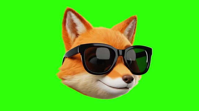A crisp 3D rendered mascot head of a cool red fox wearing trendy black sunglasses with a confident smile, isolated against a bright chroma key green backdrop. Ideal for gaming avatars, social media ba