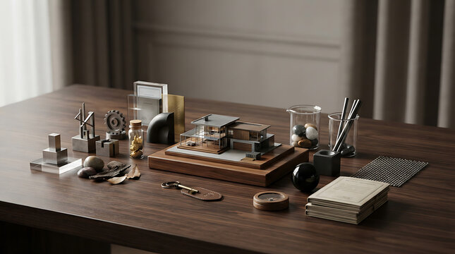Modern house scale model and design items on wooden table in architecture office