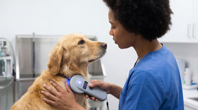 Veterinarian scanning a lost golden retriever's identification microchip to verify the dog's identity and owner information, supporting pet recovery and reunification