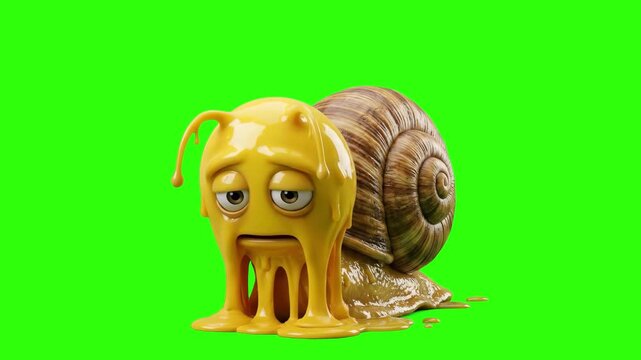 A detailed 3D cartoon illustration of a slimy yellow snail character with droopy eyes and a sad expression, isolated on a solid chroma key green screen background. Perfect for children's animated vide