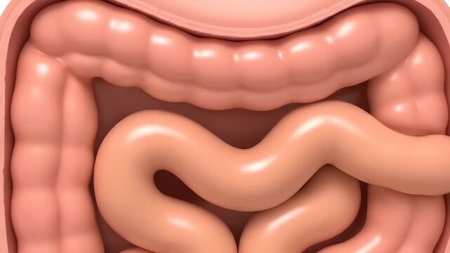 Human intestine model shows the detailed structure of the digestive tract in a medical illustration.