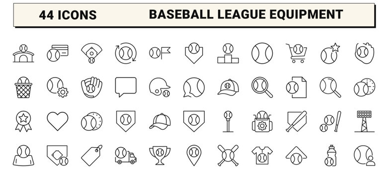 Baseball Youth League Web Icon Set in Linear Style. Collection of youth baseball line icons, including equipment, field layout, team training, game stats, league awards, youth sports.