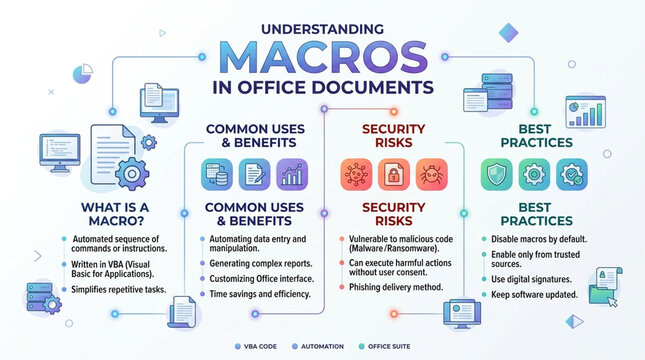 Educational Infographic of Macros in Office Documents VBA Automation and Security Risks