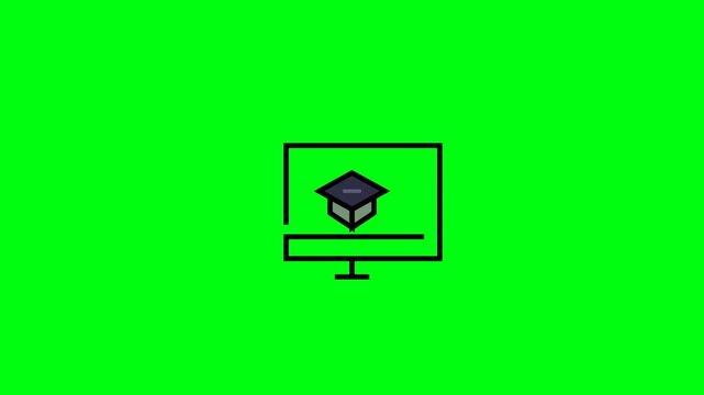 Online Education Graduation Cap on Computer Screen Green Background.