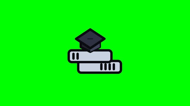 Stack of books with graduation cap on green screen background.