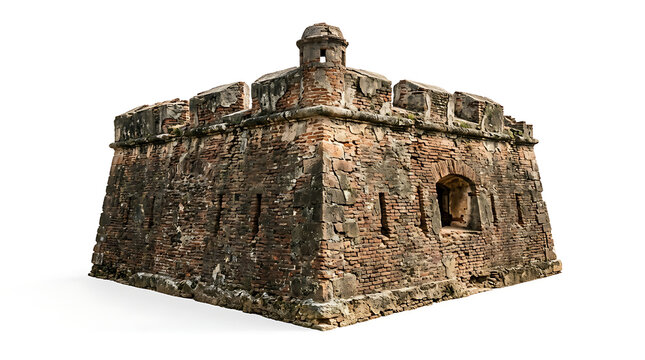 Ancient brick fortification tower isolated on a white background with watchtower detail
