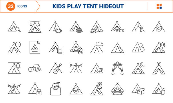 Play Tent Indoor Den Play Web Icon Set in Linear Style. Collection of Children Hideout line icons, including fabric teepee, cushion den, string lights, blanket fort and more.