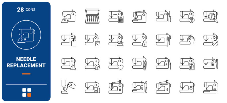Sewing Machine Needle Change Web Icon Set in Linear Style. Collection of Needle Replacement line icons, including machine needle, thread spool, clamp screw, presser foot, needle plate and more.