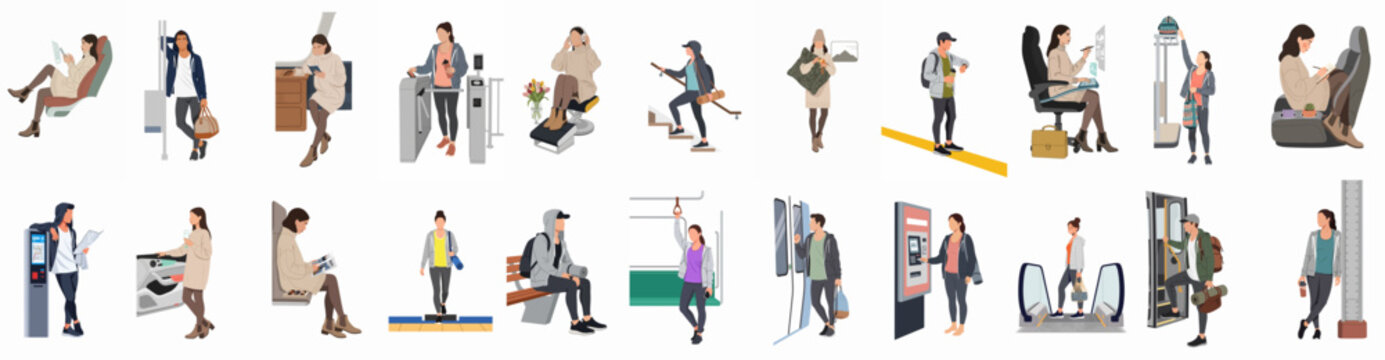 Set of diverse flat vector illustrations depicting people in various daily urban scenarios like commuting, shopping, and waiting on a white background.