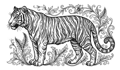 Obraz premium Majestic tiger profile ornamental black and white line art vector with detailed stripes and botanical elements