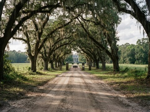 A picturesque dirt road leading to a historic antebellum mansion, framed by a scenic canopy of large oak trees draped with hanging Spanish moss in a lush green rural landscape.