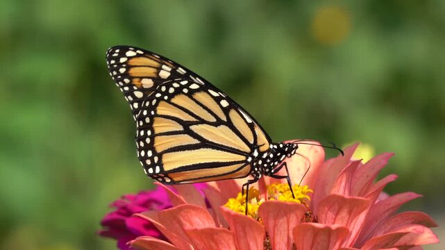 Monarch Butterfly (Danaus Plexippus) feeding on pink zinnia flower in beautiful summer garden.
