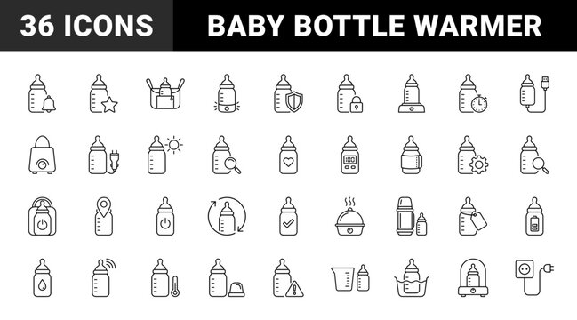 Baby Bottle Warming Web Icon Set in Linear Style. Collection of Nursery Care line icons, including bottle warmer, temperature display, thermal sleeve, travel pouch, car adapter, steam chamber, timer