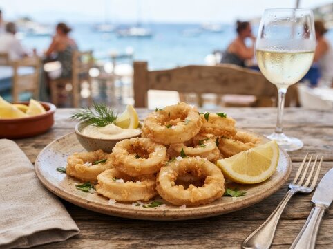 A plate of crispy fried calamari rings served with a lemon wedge and dipping sauce on a rustic wooden table at a seaside outdoor restaurant with a glass of white wine in the background.