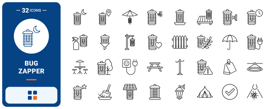 Bug Zapper Outdoor Web Icon Set in Linear Style. Collection of Pest Control line icons, including lantern zapper, patio defense, mosquito trap, garden stake, solar zapper, insect trap and more.