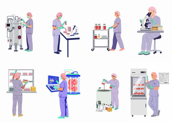 Fototapeta premium Set of flat vector illustrations depicting laboratory workers in scrubs performing various scientific tasks and managing medical equipment in a clinical environment.