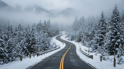 Fototapeta premium Winding asphalt road leading through dense snowy evergreen forest during quiet cold winter morning atmosphere with covered mountain forest road stretching misty