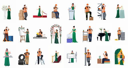 Fototapeta premium Diverse collection of vector illustrations featuring a woman in an elegant green dress and a male worker in high-visibility industrial clothing.