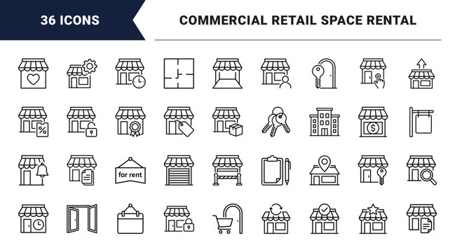 Store Shop Rental Web Icon Set in Linear Style. Collection of Retail Space Fix line icons, including store key, lease calendar, store location, rental term, key handover, vacant store and more.