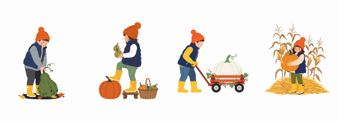 Fototapeta premium Collection of flat vector illustrations of a child participating in various autumn harvest activities like pumpkin picking and pulling a wagon on a farm.