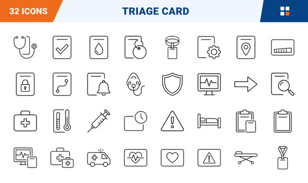Triage Card Emergency Prioritizing Web Icon Set in Linear Style. Collection of Medical Assessment line icons, including triage card, alert badge, ambulance, heartbeat, wristband, lanyard and more.