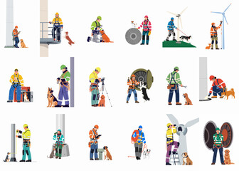 Fototapeta premium Illustrations of wind turbine technicians and their dogs working in various renewable energy maintenance and inspection scenarios.