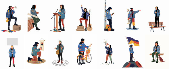 Collection of flat vector illustrations of a young woman in different poses such as protesting, speaking, traveling, and playing guitar on white background.