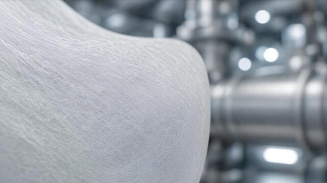 Cinematic macro background of sustainable industry texture detail with abstract white organic surface against blurred metallic pipe machinery production design pattern, futuristic sterile surface