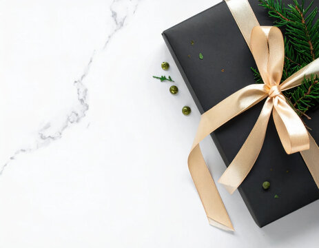 Gift present box ribbon bow holiday christmas celebration surprise elegant gift present box with gold ribbon bow marble table and green fir branch holiday christmas celebration Christmas Concept