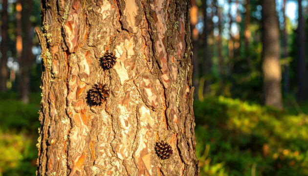 Pine tree forest bark pine cone woodland nature sunlight moss texture trunk autumn outdoor green rough closeup detail wild evergreen environment scenic season countryside flora Christmas Concept