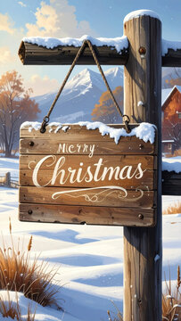Rustic wooden christmas sign winter snow holiday greeting countryside landscape snowy festive season december vintage retro plank board message typography calligraphy script Christmas Concept