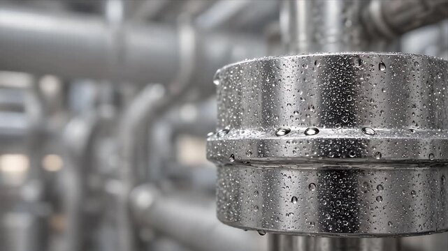Cinematic macro industrial pipe metal water drop condensation background wet texture detail environment for sustainable industry stainless steel pipe with silver texture and soft depth of field
