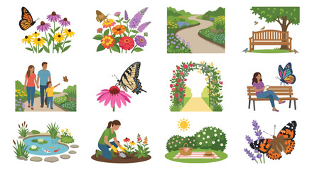 Fototapeta premium Garden nature and outdoor activity illustrations set