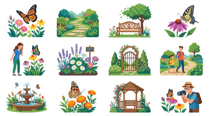 Fototapeta premium Garden scenes with butterflies and people enjoying nature