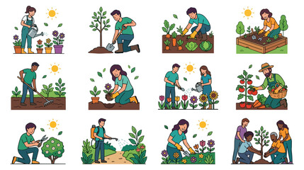 Naklejka premium Gardening activity illustration set people plant growth nature care
