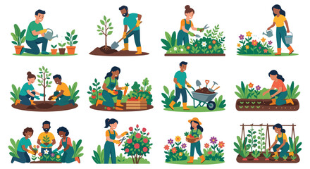 Fototapeta premium People gardening planting and watering plants in garden